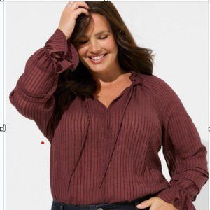 NWT- Torrid Burgundy Stripe Gauze Front Tie Lace-Up Peasant Blouse